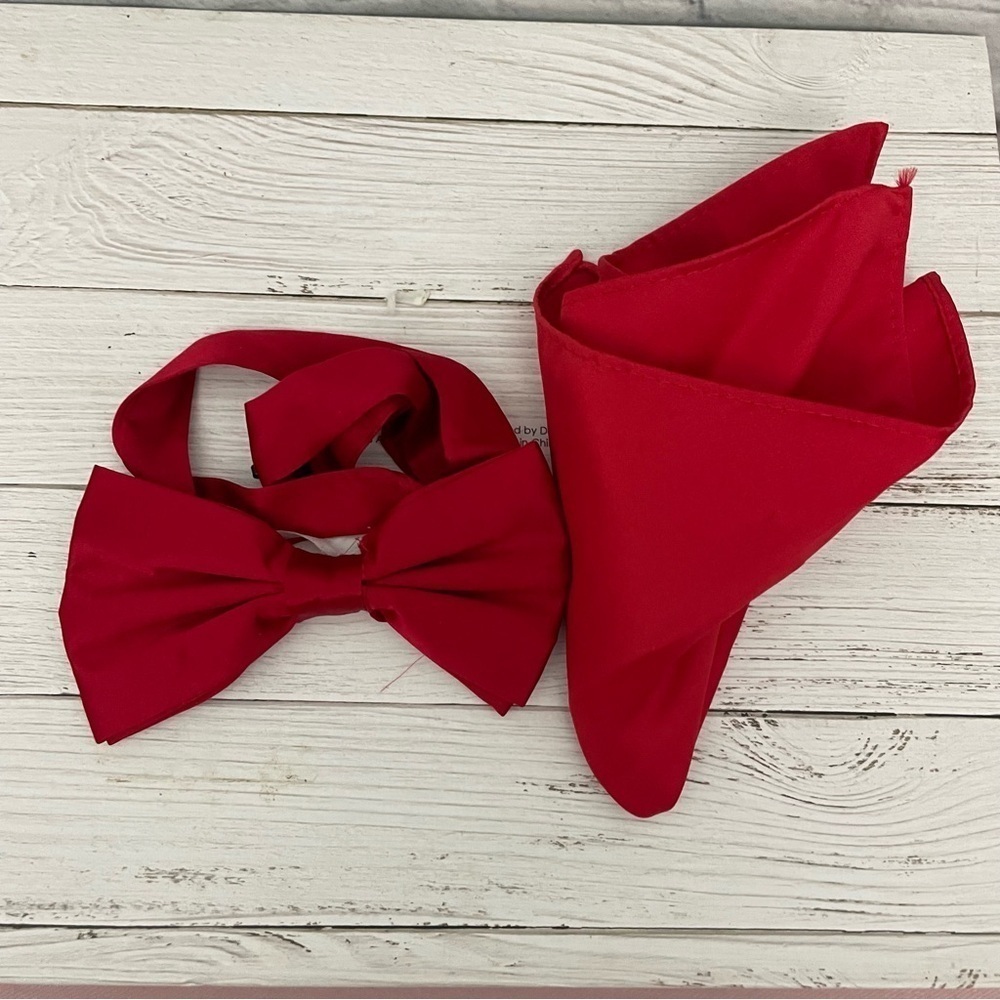 Men’s Red Satin Like Bow tie and Pocket Square Set